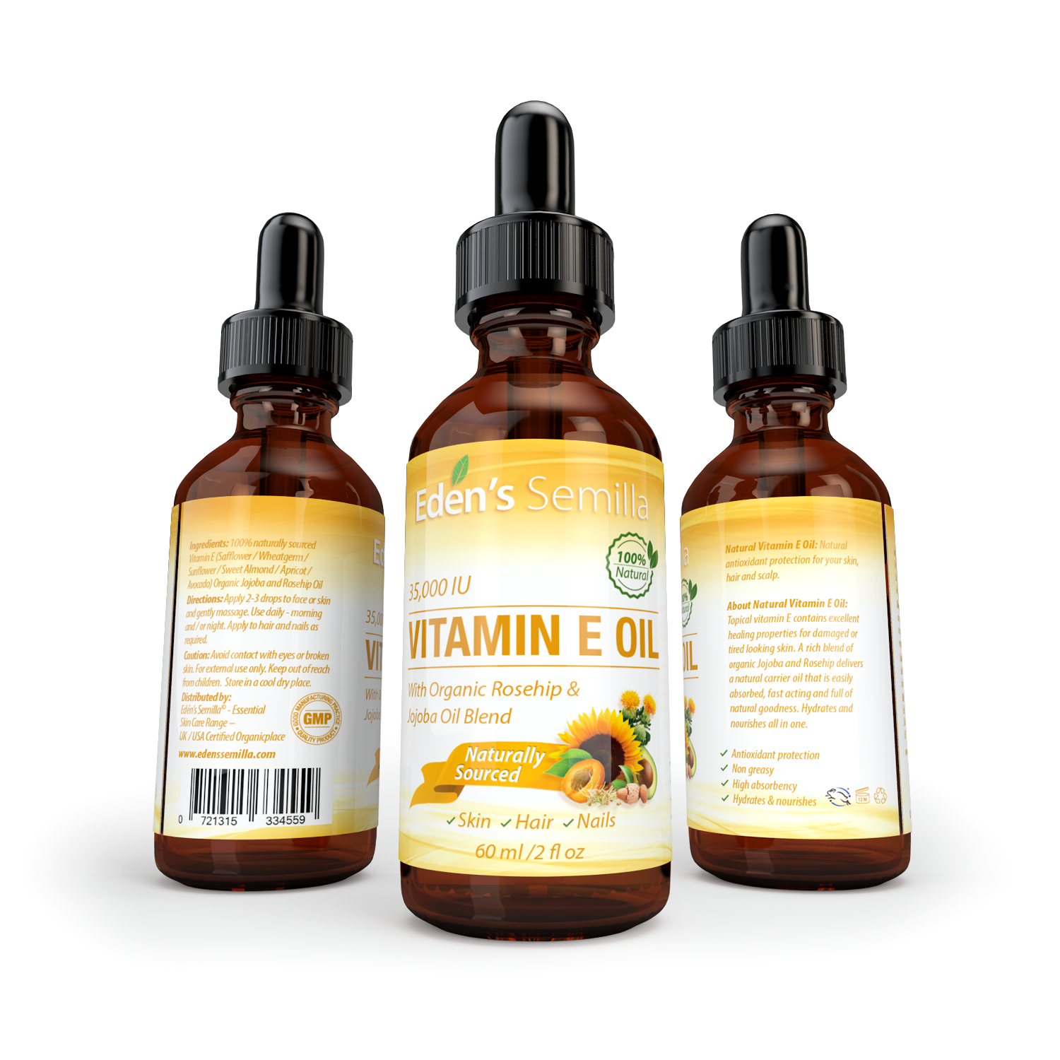 100 Natural Vitamin E Oil 2 OZ Dropper Edens Semilla